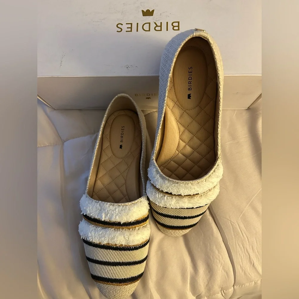 Birdies Cream Slip-On Loafer with Black and Tan Striped Accent
